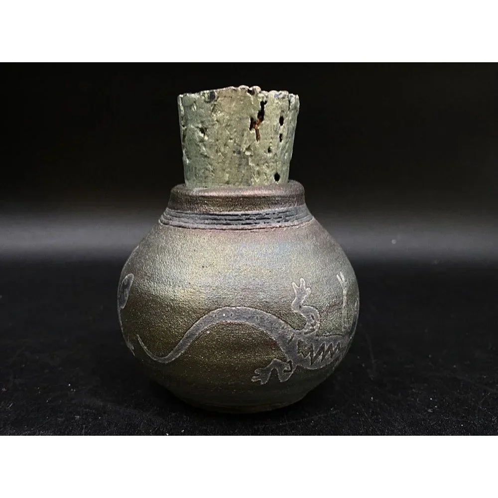 J. Diller Raku Southwestern Art Pottery Vase Jar Gecko Lizard Cork Stopper - Picture 7 of 9